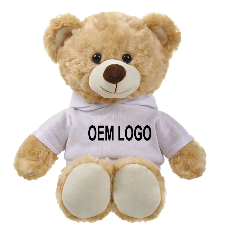 Venta al por mayor de osos de peluche personalizados con capucha, LOGO personalizado, texto, OEM, camisetas de sublimación en blanco, oso de peluche, regalos promocional