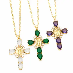 Hip-hop Serenity Prayer Necklace Brass Geometric Zircon Necklace Virgin Mary Cross Necklace For Women Girls