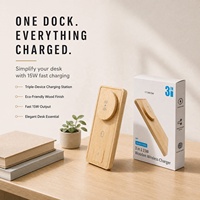 Station de charge sans fil magnétique 3-en-1 15W écologique en bois et bambou avec Type-C pour téléphones/iWatch/