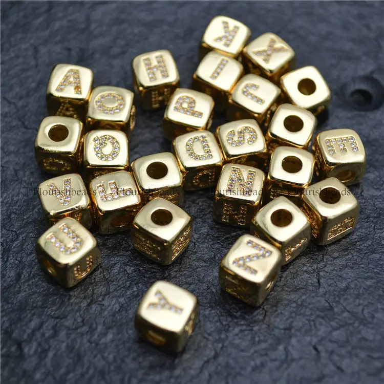 4mm big hole CZ Paved Cubic Shape Capital Letter Words Metal Spacer Loose Beads Gold / Silver plated color Jewelry findings