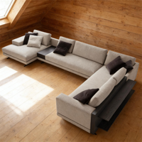 Canapé modulaire en tissu beige clair en forme de L, trois places, éponge haute densité, table d'appoint en bois noir, salon moderne haut de gamme