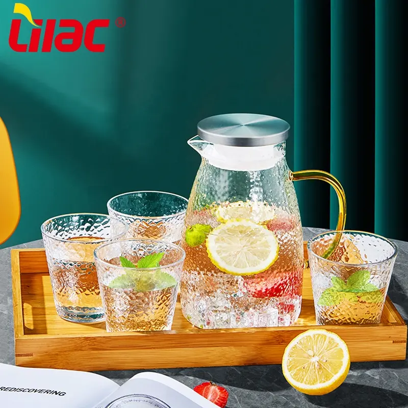 Lilac FREE Sample 1600ml+300ml*6 trendy wholesale drinking 7pcs glass water cup jug set with ss lid