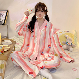 Pijama informal de primavera y otoño para mujer, conjunto de ropa para el hogar de poliéster estampado de manga larga, cintura elástica suave, talla XL para familias - Product Image 4