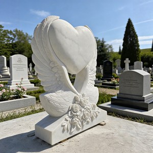 Изготовленные на заказ большие надгробия из гранита и мрамора с резьбой в виде крыльев и сердец для кладбищ - Product Image 3