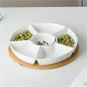 Juego de platos de cerámica para restaurante, juego de vajilla con 6 compartimentos redondos divididos, con base de Bambú