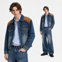 Ensemble thermique en jean pour homme, 2 pièces : veste et jean large avec écusson en suède, tenue assortie streetwear, vente en gros