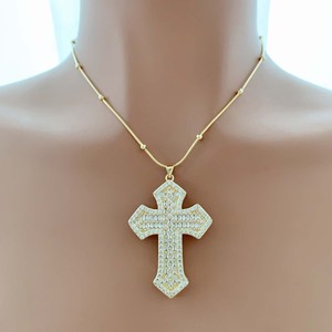 Kalung Salib Kristen Tk-L610, Kalung CZ Baguette & Bulat Berkilau, Liontin Salib Besar Unisex, Kalung Rantai Emas - Product Image 5