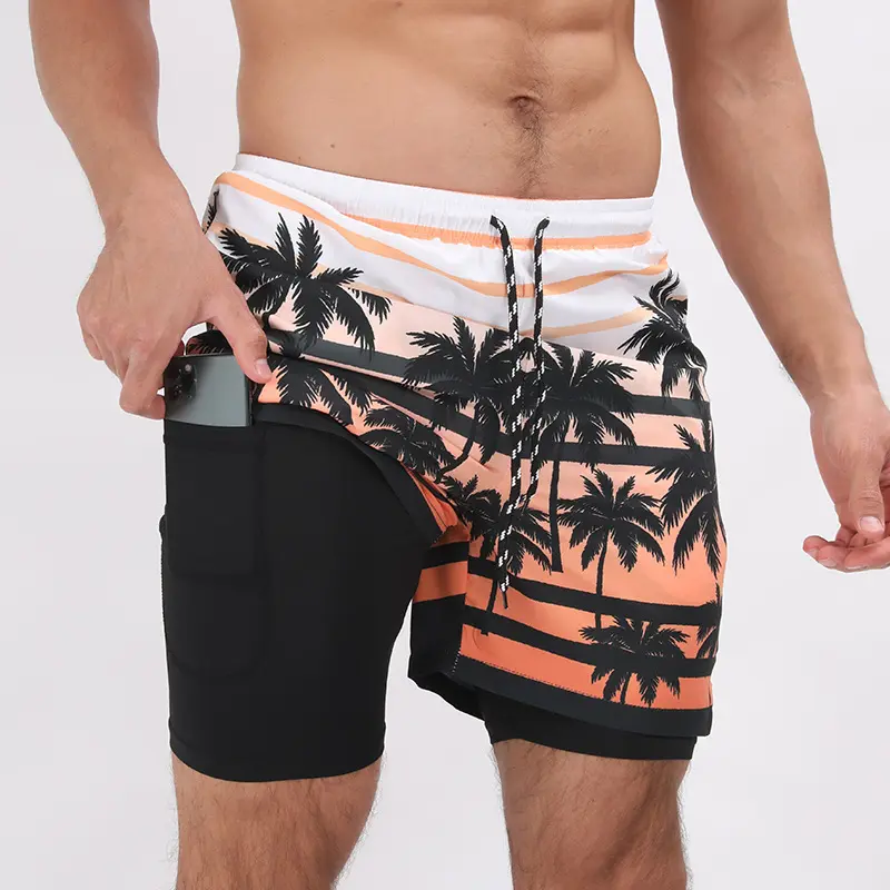 Luxe Bedrukte 2-In-1 Hardloopshorts Voor Heren, Ademende Strandzwembroeken Plus Size Strandkleding