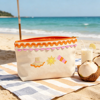 Pochette de maquillage portable en toile pour femme, brodée sur mesure avec initiales, bordure en ruban ric-rac, idéale pour la plage et l'été, vente en gros