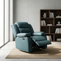 Fauteuil inclinable électrique pivotant en cuir PU bleu foncé PUZE Q703, inclinaison totale, fonctions intelligentes, télécommande USB, design minimaliste en bois