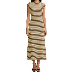 Women's <b>Cap</b> Sleeve Striped Knit Midi Dress Bodycon Textured Dress With Retro Geometric Pattern Dresses Fashion - Product Image 6