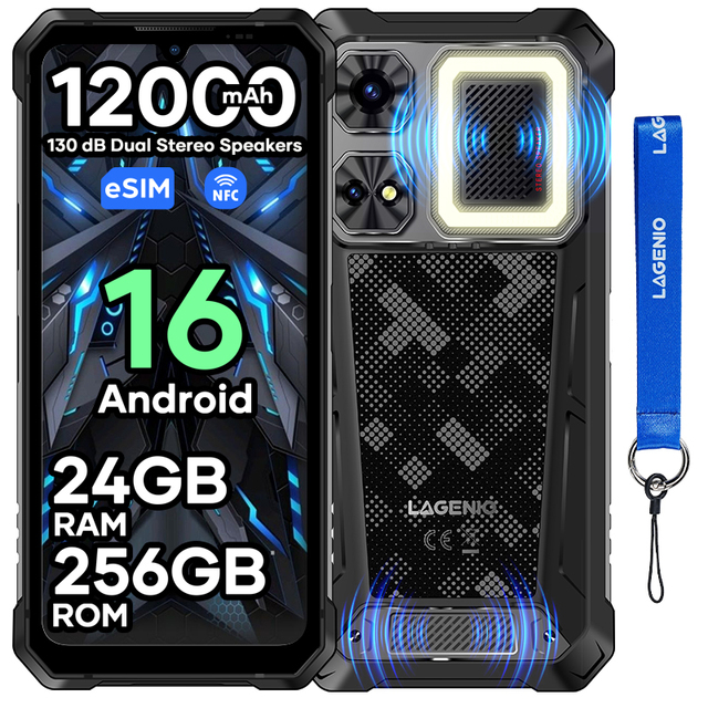 LAGENIO Rhino1 Pro Rugged 4G Smartphone 24+256GB 6.9inch Octa Core 64MP Camera 12000mAh 33W Charge NFC Android IP68 120Hz