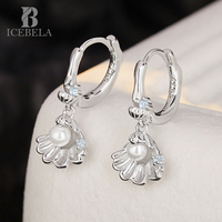 Boucles d'oreilles créoles en forme de coquillage animées en argent sterling S925 avec zircon et perle de coquillage pour filles