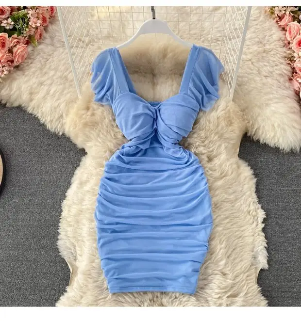 summer square collar oem sexy short maxi ladies casual wrap pleated club dress woman clothing 2022