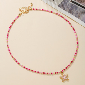 Glass Seed Bead <b>Necklace</b> Women <b>Pink</b> Red Starfish Pendant Adjustable Resort Style Fashion Jewelry Gift - Product Image 2