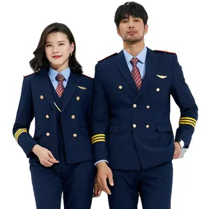 Venta al por mayor personalizado de alta calidad aerolínea aviación Negro Azul Marino hombres mujeres piloto uniformes del personal