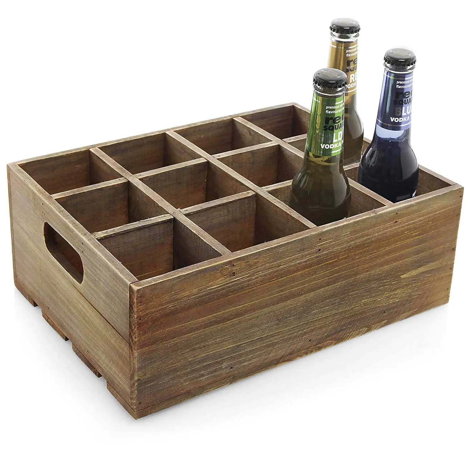 Large Capacity Vintage Rustic Brown Wood 12 Slot Beer Bottle Serving Crate Beer Storage Box with Carrying Handles