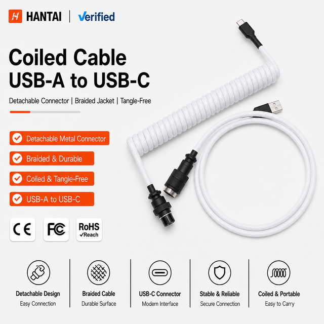 Colorful Custom Keyboard Cable Coiled USB a to USB C Lead with Detachable Metal Connector for Mechanical Keyboards