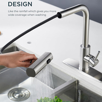 Robinet de cuisine en acier inoxydable nickel brossé, robinet cascade, poignée à trou unique, robinet extractible avec douchette escamotable