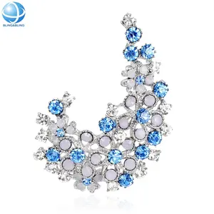 Luxury Silver Plated Rhinestone Moon Brooches Garment Jewel Blue Crystal Pins Wedding Bridal Party Gift