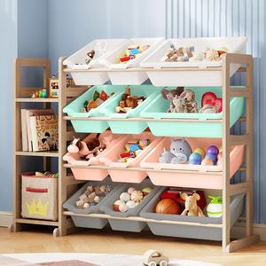 12 Plastic Bin Children'S <b>Baby</b> Room Shelf Pine Wood Kids Toy <b>Storage</b> Organizer with Bookshelf - Product Image 5