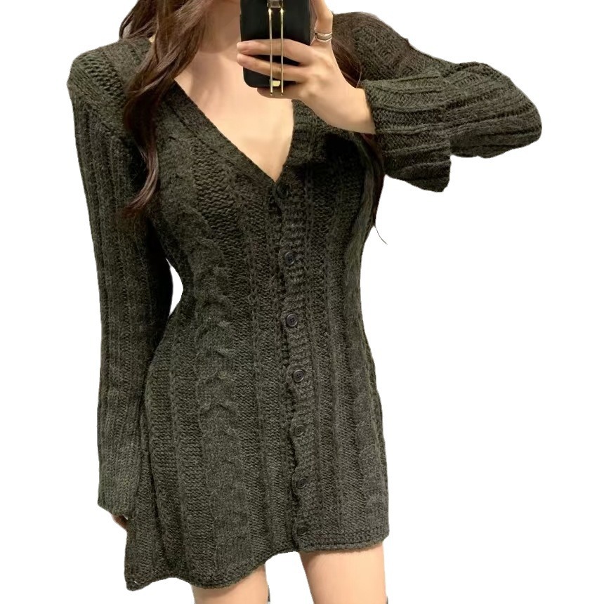 Chic2025 South Korea Autumn Winter Single-Breasted Deep V-Neck Dress Light Ripe Temperament Pure Hemp Long Knitted Sleeve Casual| Alibaba.com Chic2025 South Korea Autumn Winter Single-Breasted Deep V-Neck Dress Light Ripe Temperament Pure Hemp Long Knitted Sleeve Casual| Alibaba.com