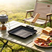 Poêle à griller en fonte 22-33 cm avec poignée en bois pliable, pré-culottée pour steak, barbecue, camping, restaurant, personnalisable OEM