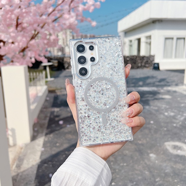 Customized Luxury Crystal-penetrating Glitter TPU PC Phone Case Drop Magnet Design Shockproof Clear Cases for Samsung S25 Ultra