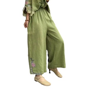 Cotton Linen Cropped Pants Wide Leg Embroidered Pink Loose Fit Casual Women's Pants Breathable Summer Style - Product Image 5