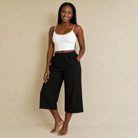 Pantalon Baggy Noir Femme Taille Élastique 7/8 Coupe Large Cropped avec Ourlet Brut et Poches – Vêtements de Créateur