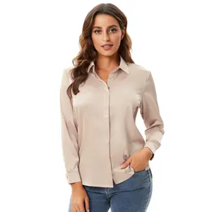 Vrouwen Zijden Blouse Lange Mouw Stretch Satin Button Down Shirt Casual Werk Office Zijdeachtige Blouse Top