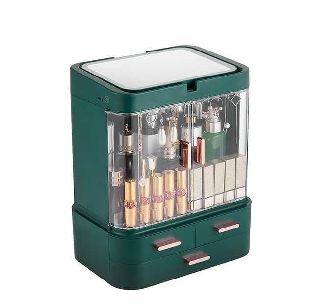 Sesame Cosmetics Storage Box LED Light Mirror Drawer Type Desktop Skincare Product Storage Dustproof Makeup Box