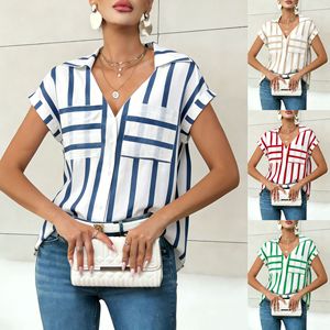 Nueva Llegada, Camisa a Rayas para Mujer Estilo Europeo Americano, Cuello en V Holgado con Bolsillo, Blusa Informal con Cuello para Uso Diario - Product Image 6