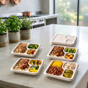 Plateau repas blanc à 3 compartiments en bagasse de canne à sucre avec couvercle - Thali jetable 100 % compostable pour la restauration - Product Image 1