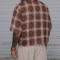 Chemise courte boutonnée à carreaux effilochés, style vintage, texturée, à manches courtes, streetwear
