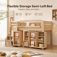 Lit semi-suspendu moderne pour enfants, gain de place, avec rangements intégrés KUKU en chêne, ensemble de chambre adapté aux appartements