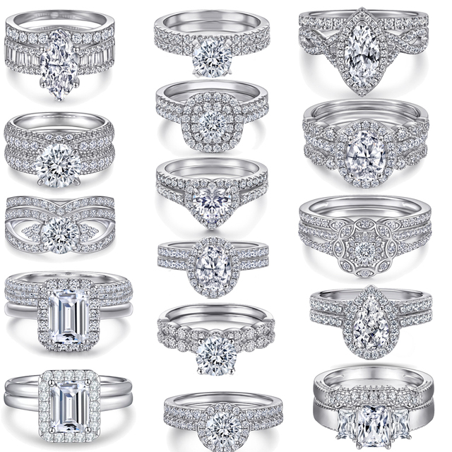 Wholesale S925 Sterling Silver Women's 5A Zircon Ring Sets Round Stackable Engagement Ring Two Piece Sets Wedding  Promise Rings