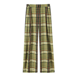Pantaloni personalizzati da donna versatili e Casual in misto <span class=keywords><strong>lino</strong></span> Casual pantaloni a scacchi verdi adattati pantaloni con stampa Plaid all'ingrosso della fabbrica - Product Image 1