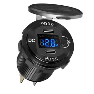 12V/24V Dual USB-C PD charger outlet with voltmeter ammeter and button switch for marine Boat RV Motorcycle Golf Cart