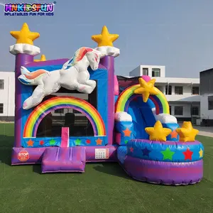 Dazzling Rainbow Kids Gebruikt Commerciële Bounce Huis Springkasteel, Goedkope Eenhoorn Springkasteel Met Glijbaan Te Koop