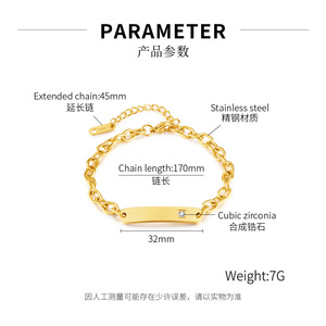 Custom 18K PVD Gold Stainless Steel ID Bar Bracelet with Cubic Zirconia Blank for Custom Text Laser <b>Engraving</b> Personalized Gift - Product Image 6