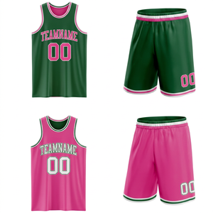Ensemble de maillots de basket-ball sublimés réversibles 100% polyester, nom d'équipe personnalisé, vert rose, évacuation de l'humidité, vêtements unisexes pour adultes - Product Image 1