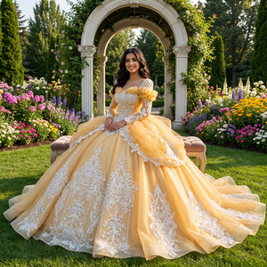 Robe de bal Quinceañera Jxs08 Royal Plus Size avec volants et appliques en dentelle, robe de luxe en cristal sur mesure - Product Image 1