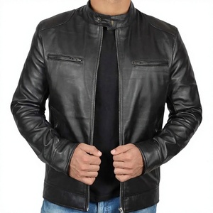 Men's Black Genuine Leather <b>Heated</b> Moto <b>Jacket</b> Mandarin Collar Zipper Closure Slim Fit Regular Length Solid Color Front Winter - Product Image 1