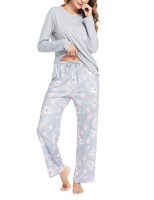 Ensemble pyjama pour femmes en tricot respirant à col en V, taille élastique, deux pièces, manches longues, pantalon imprimé avec logo sur le devant, automne-hiver