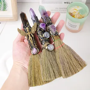 wholesale Natural crystal magic point wand small broom witchcraft altar supplies energy quartz witch broom Helloween gift