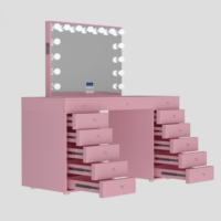 Coiffeuse rose Bureau de maquillage rose 13 tiroirs Haut-parleur Bluetooth Coiffeuse avec lumière LED Table de vanité rose pour le maquillage