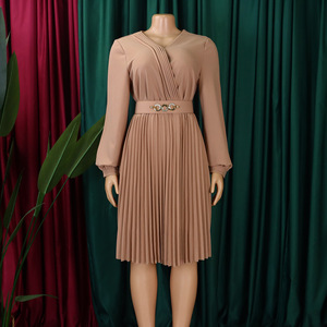 Vestidos de Último Diseño D497 para Mujer, Elegantes, Cuello en V, Color Sólido, Manga Larga, Plisados, Estilo Africano, para Oficina - Product Image 4