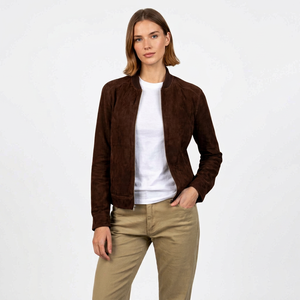 Brown <b>Suede</b> Bomber <b>Jacket</b> Zipper Closure Turn-down Collar Casual Slim Fit Autumn Wear Casual shacket with pockets Winter <b>leather</b> - Product Image 1