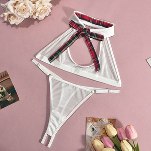 Set di Lingerie Sexy Trasparente a Tre Pezzi con Motivo a Quadri, Gonna Corta <span class=keywords><strong>e</strong></span> Reggiseno per Donna - Product Image 6